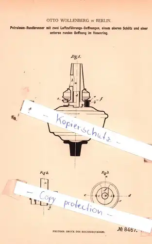 original Patent - O. Wollenberg in Berlin , 1879 , Patroleum-Rundbrenner mit zwei Luftzuführungs-Oeffnungen !!!