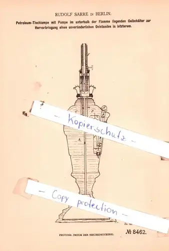 original Patent - Rudolf Sarre in Berlin , 1879 , Petroleum-Tischlampe mit Pumpe !!!