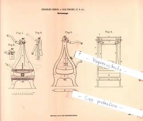original Patent -  Charles Reese in Baltimore , V. S. A. , 1879 , Wäschemangel !!!