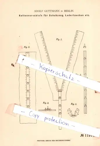 original Patent - Adolf Guttmann in Berlin , 1880 , Kettenverschluß für Schuhzeug, Ledertaschen etc. !!!