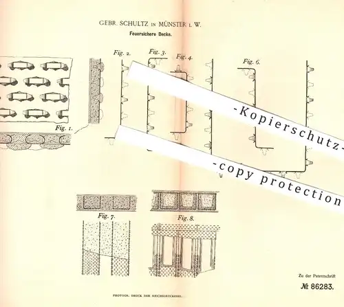 original Patent - Gebr. Schultz , Münster , 1894 , Feuersichere Decke aus Mörtel u. Beton | Zimmerdecke , Hochbau !!!