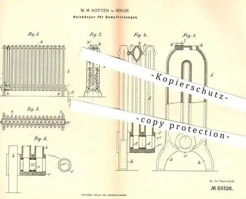 original Patent - M. M. Rotten in Berlin , 1890 , Heizkörper für Dampfheizungen | Heizung , Ofen , Öfen , Heizen !!