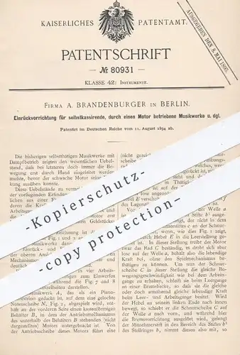 original Patent - A. Brandenburger , Berlin , 1894 , durch Motor betriebene Musikwerke | Musikinstrumente , Musik !!