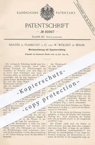 original Patent - Bansen , Frankfurt / Oder u. W. Wöllert , Berlin , 1894 , Weichensicherung | Eisenbahn , Eisenbahnen !