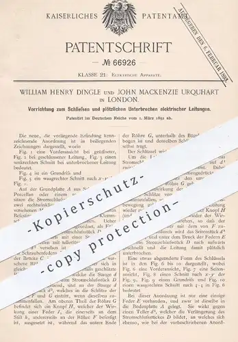 original Patent - William Henry Dingle , John Mackenzie Urquhart , London , 1892 , Unterbrechen elektrischer Leitungen !