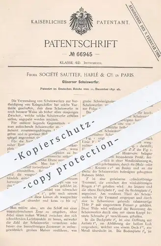 original Patent - Société Sautter, Harlé & Cie. in Paris , 1891 , Gläserne Scheinwerfer für Schiffe , Kriegsschiffe !!