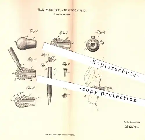 original Patent - Max Westhoff , Braunschweig , 1892 , Schalldämpfer für Medizin | Ohr , Ohren , Ohrenarzt , Arzt !!!