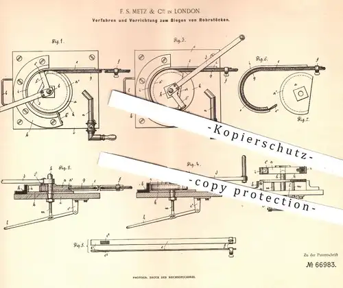 original Patent - F. S. Metz & Cie. , London , 1892 , Biegen von Rohrstöcken | Holz , Holzbarbeitung , Rohr , Tischler