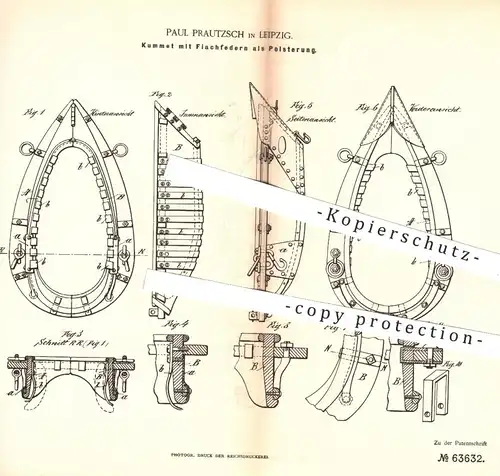 original Patent - Paul Prautzsch , Leipzig , 1891 , Kummet mit Flachfedern als Polsterung | Pferd , Pferdegeschirr !!!