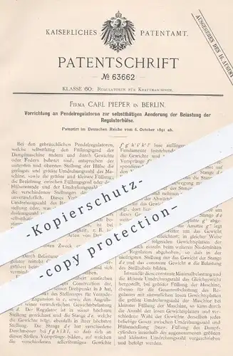 original Patent - Carl Pieper , Berlin , 1891 , Pendelregulatoren für Kraftmaschinen | Regulator , Motor , Motoren !!