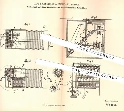 original Patent - Carl Kretschmar , Leipzig / Eutritzsch , 1891 , Ziehharmonika mit Notenblatt | Harmonika , Musik !!