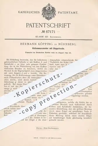 original Patent - Hermann Köpping , Nürnberg , 1892 , Kolbenmanometer mit Doppelskala | Manometer , Indikator !!!
