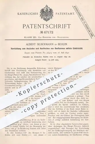 original Patent - Albert Silbermann , Berlin 1892 , Zünden u. Auslösen von Gasflammen mittels Elektrizität | Gas , Licht