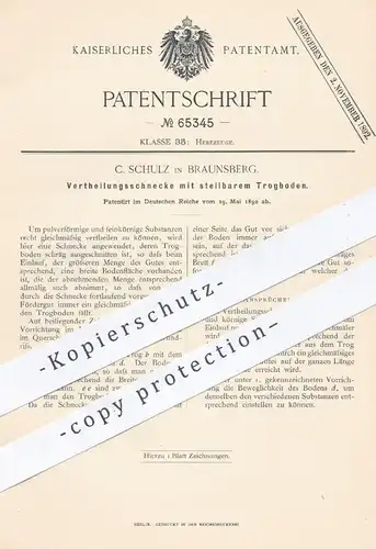 original Patent - C. Schulz , Braunsberg , 1892 , Verteilungsschnecke mit stellbarem Trogboden | Hebezeuge , Förderband