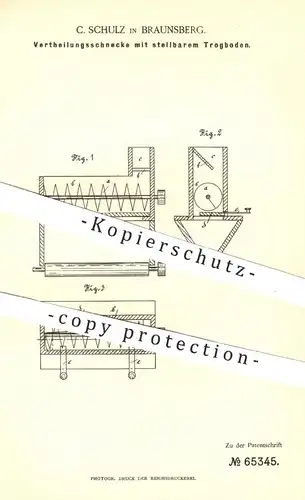 original Patent - C. Schulz , Braunsberg , 1892 , Verteilungsschnecke mit stellbarem Trogboden | Hebezeuge , Förderband