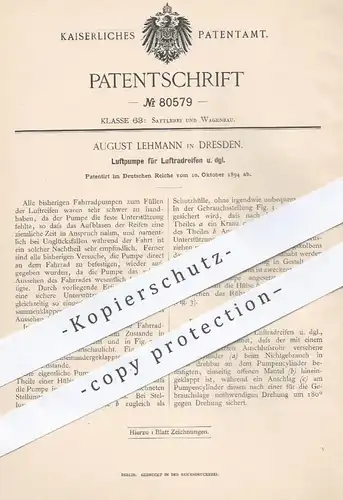 original Patent - August Lehmann , Dresden , 1894 , Luftpumpe für Luftradreifen | Luftreifen , Reifen , Rad , Luft !!!