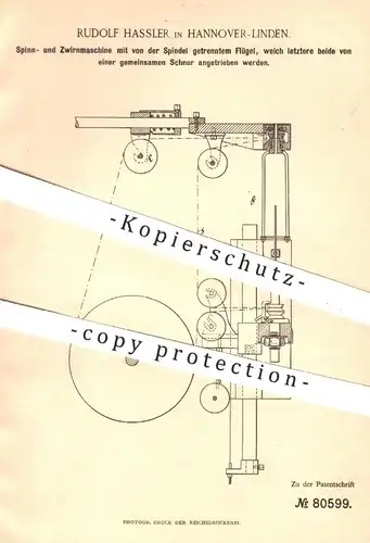 original Patent - Rudolf Hassler , Hannover Linden , 1894 , Spinnmaschine u. Zwirnmaschine | Spinnen , Zwirn , Garn !!!