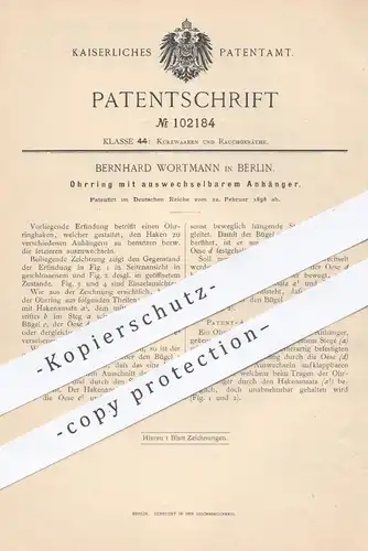 original Patent - Bernhard Wortmann , Berlin , 1898 , Ohrring mit wechselndem Anhänger | Ohringe , Schmuck , Goldschmied