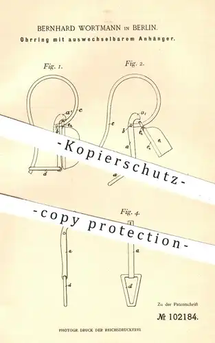 original Patent - Bernhard Wortmann , Berlin , 1898 , Ohrring mit wechselndem Anhänger | Ohringe , Schmuck , Goldschmied