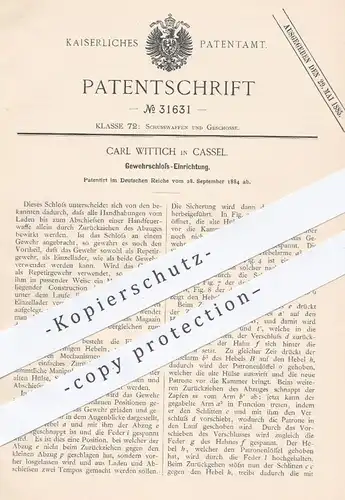 original Patent - Carl Wittich , Kassel , 1884 , Gewehrschloss - Einrichtung | Gewehre , Waffen , Militär , Jagd !!