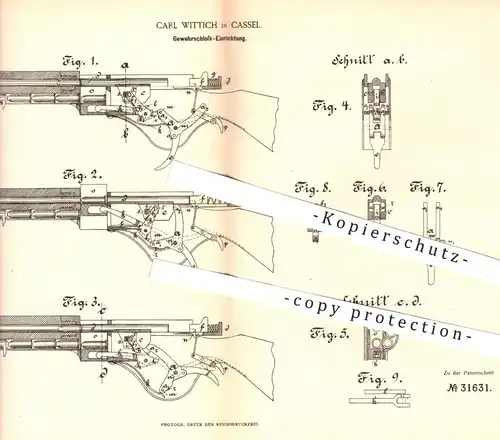 original Patent - Carl Wittich , Kassel , 1884 , Gewehrschloss - Einrichtung | Gewehre , Waffen , Militär , Jagd !!