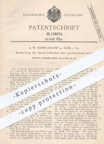original Patent - A. W. Schwarzlose , Suhl , 1897 , Sicherung für Rückstoßlader | Gewehr , Waffen , Jagd , Militär !!!
