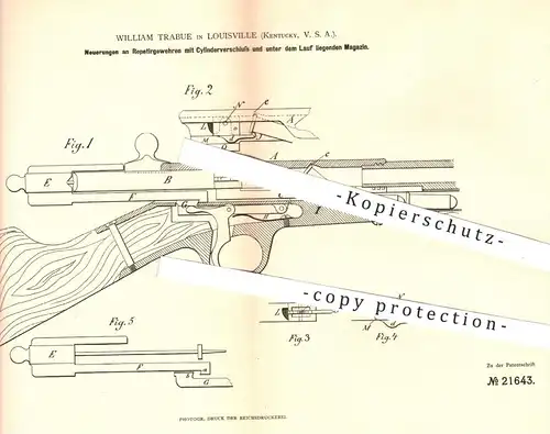 original Patent - William Trabue , Louisville , Kentucky USA , 1882 , Repetiergewehr | Gewehre , Waffen , Jagd , Militär