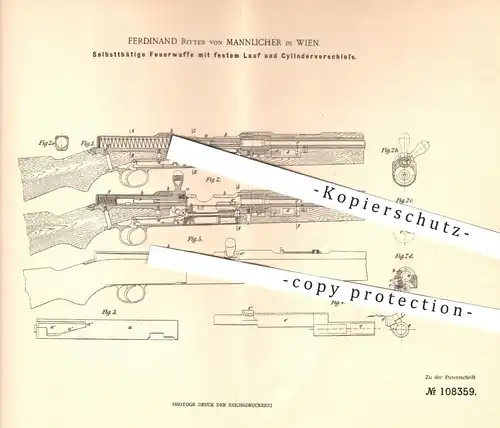 original Patent - Ferdinand Ritter von Mannlicher , Wien , 1899 , Feuerwaffe | Gewehr , Waffe , Jagd , Militär , Waffen