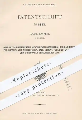 original Patent - Carl Emmel , Hoerde , 1878 , Ofen zum Brennen von Ziegel , Kalk , Zement , Ton | Brennofen , Öfen !!!