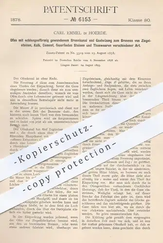 original Patent - Carl Emmel , Hoerde , 1878 , Ofen zum Brennen von Ziegel , Kalk , Zement , Ton | Brennofen , Öfen !!!