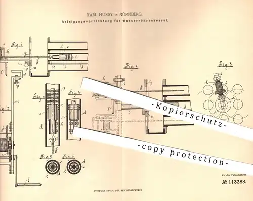 original Patent - Karl Hussy , Nürnberg , 1899 , Reinigung für Wasserröhrenkessel | Kessel , Dampfkessel , Dampfmaschine