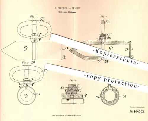 original Patent - R. Fiedler , Berlin , 1898 , Rotierendes Plätteisen , Bügeleisen | Wäsche bügeln | Haushalt , Walzen