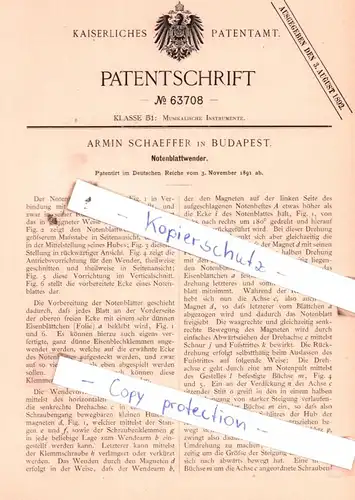 original Patent - Armin Schaeffer in Budapest , 1891 , Notenblattwender !!!