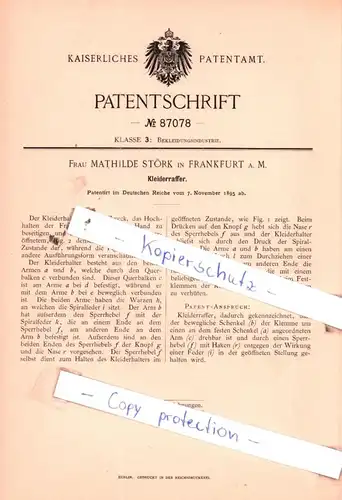 original Patent - Frau Mathilde Störk in Frankfurt a. M. , 1895 , Kleiderraffer !!!