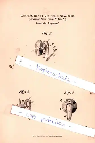 original Patent - Charles Henry Knubel in New-York , 1895 , Hemd- oder Kragenknopf !!!