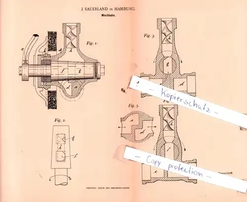 original Patent - J. Sauerland in Hamburg , 1895 ,  Mischhahn !!!