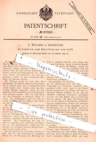 original Patent -  C. Wigand in Hannover , 1895 , Verfahren zum Sterilisiren von Luft !!!