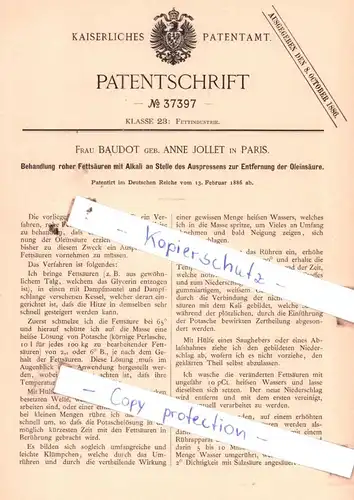 original Patent - Frau Boudat geb. Anne Jollet in Paris , 1886 , Fettindustrie !!!
