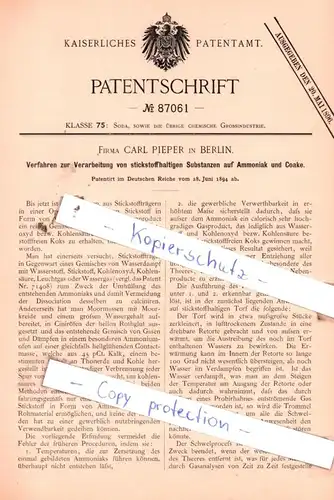 original Patent - Firma Carl Pieper in Berlin , 1894 , Soda, sowie die übrige chemische Grossindustrie !!!