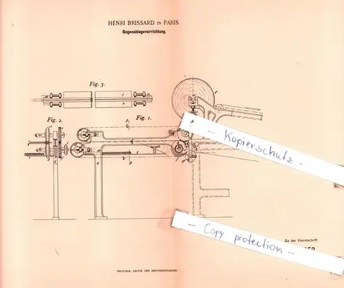 original Patent - Henri Brissard in Paris , 1895 , Apparat für Druckerei !!!