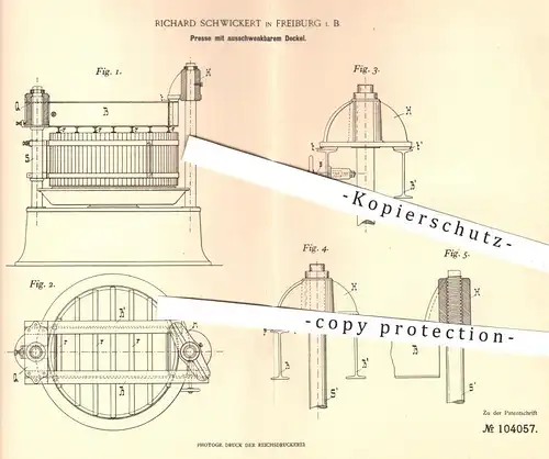 original Patent - Richard Schwickert , Freiburg , 1898 , Presse mit ausschwenkbarem Deckel | Pressen , Wein , Winzer !