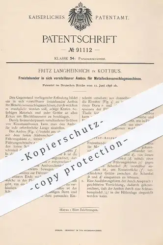 original Patent - Fritz Langheinrich , Cottbus , 1896 , Amboss für Metalleckenanschlagmaschinen | Papier , Papierfabrik