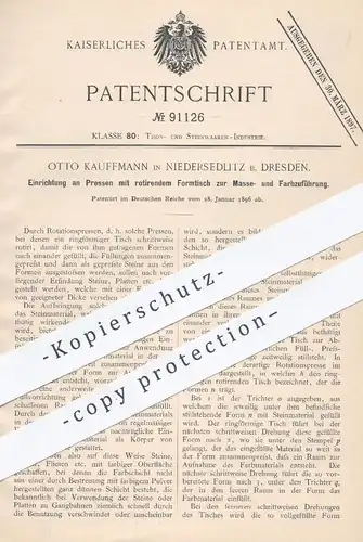 original Patent - Otto Kauffmann , Niedersedlitz / Dresden 1896 , Pressen mit Formtisch zur Zuführung von Farbe o. Masse