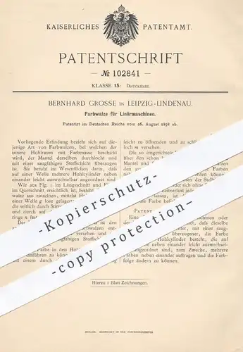 original Patent - Bernhard Grosse , Leipzig Lindenau , 1898 , Farbwalze für Liniermaschinen | Walzen , Druck , Buchdruck