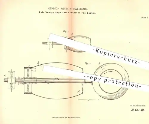 original Patent - Heinrich Meyer , Walsrode , 1890 , Säge für Dauben | Holz - Fass , Bottich , Sägen , Tischler !!!
