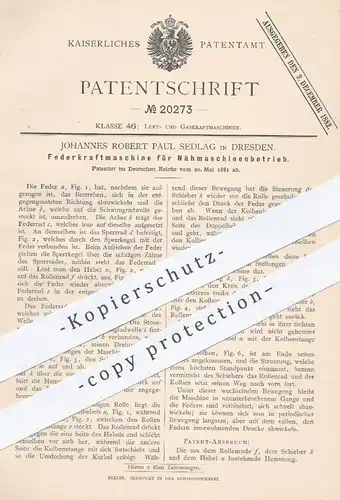 original Patent - Johannes Robert Paul Sedlag , Dresden , 1881 , Federkraftmaschinen für Nähmaschinen | Motor , Motoren