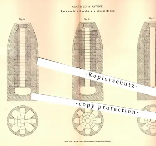 original Patent - Ganz & Co. , Ratibor 1878 , Shrapnel | Schrapnell | Granate , Granaten , Artillerie , Militär , Waffen