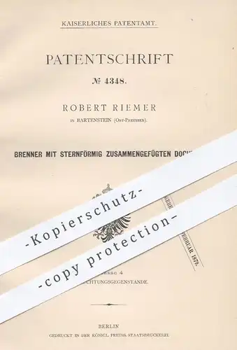 original Patent - Robert Riemer , Bartenstein , Ost - Preußen , 1878 , Brenner mit Docht | Gas , Gasbrenner , Lampen !!