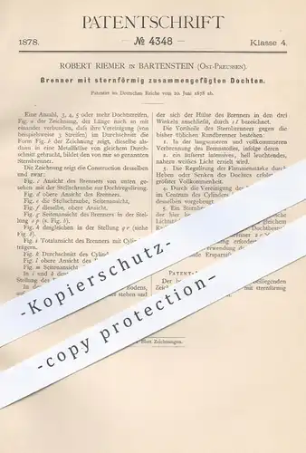 original Patent - Robert Riemer , Bartenstein , Ost - Preußen , 1878 , Brenner mit Docht | Gas , Gasbrenner , Lampen !!