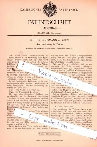 original Patent -  Louis Grossmann in Wien , 1895 , Sperrvorrichtung für Thüren !!!